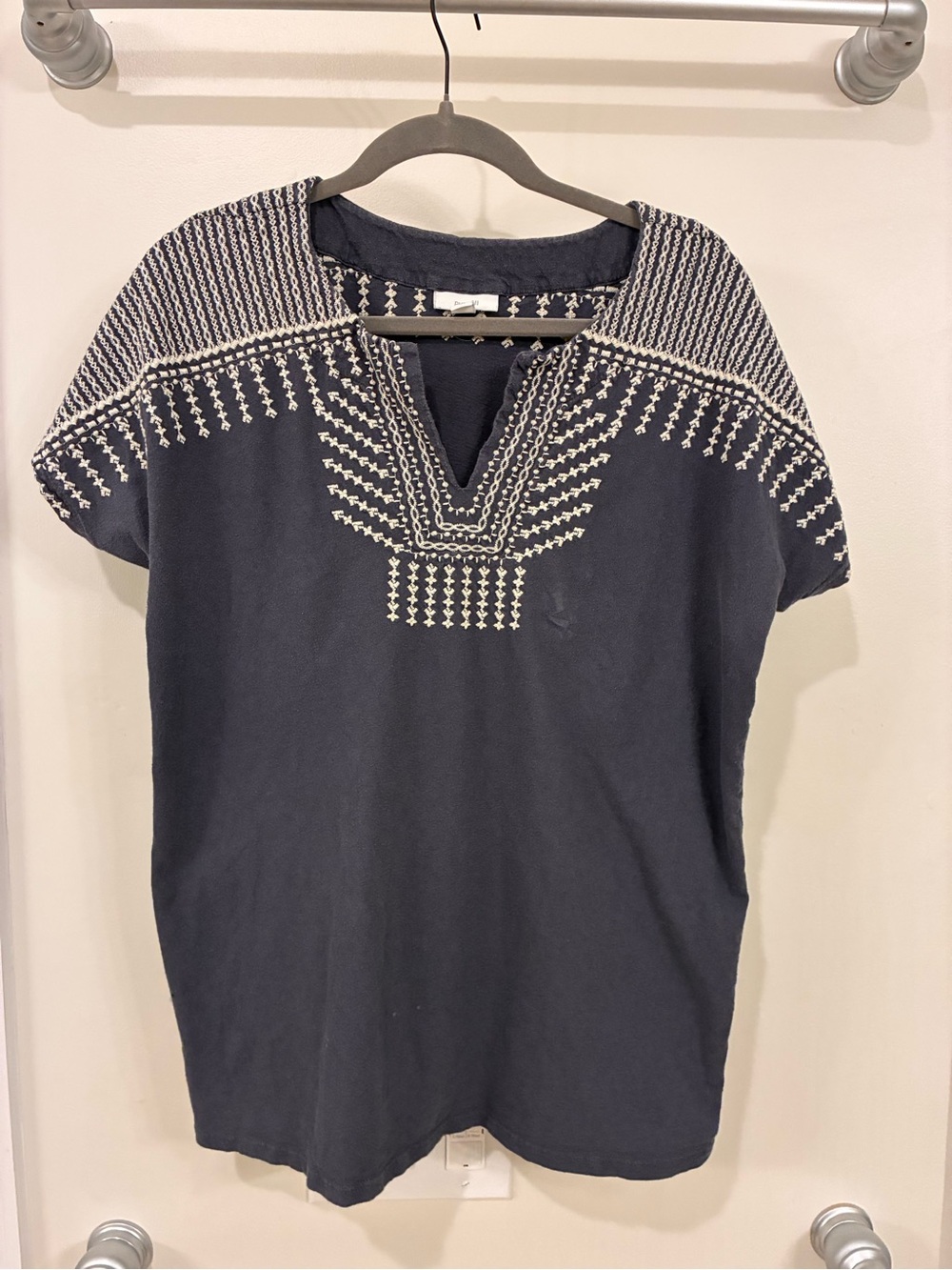 Navy Embroidered V-Neck Tunic Top